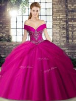 Shining Tulle Sleeveless Sweet 16 Quinceanera Dress Brush Train and Beading and Pick Ups