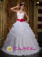 Stillwater Minnesota/MN A-line White Halter Beaded Decorate Bust and Contrasting Sash Quinceanera Dress With Pick-ups Organza Floor-length