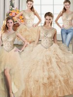 Enchanting Four Piece Champagne Scoop Neckline Beading and Ruffles 15 Quinceanera Dress Sleeveless Lace Up