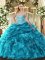 Charming Sleeveless Organza Floor Length Lace Up Vestidos de Quinceanera in Teal with Beading and Ruffles and Pick Ups