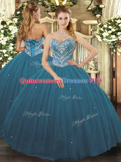 Teal Lace Up Sweetheart Beading Vestidos de Quinceanera Tulle Sleeveless - Click Image to Close
