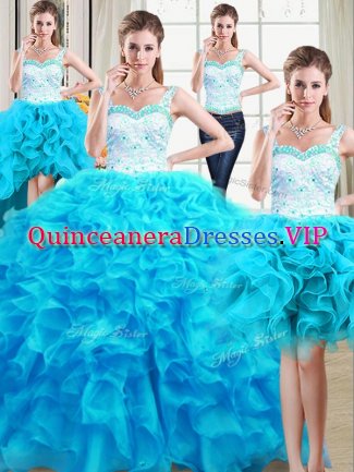 Fine Four Piece Baby Blue Quinceanera Dresses Military Ball and Sweet 16 and Quinceanera with Beading and Ruffles Straps Sleeveless Lace Up