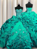 Pretty Sequins Dark Green Taffeta Lace Up Sweet 16 Dress Sleeveless Floor Length Beading and Embroidery and Ruffles and Pick Ups