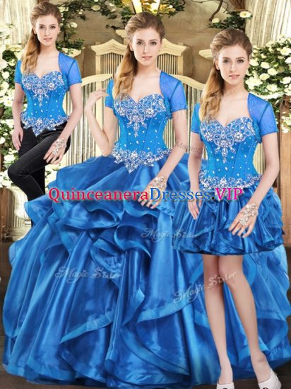 Flirting Blue Sweet 16 Quinceanera Dress Military Ball and Sweet 16 and Quinceanera with Beading and Ruffles Sweetheart Sleeveless Lace Up - Click Image to Close