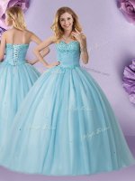 Light Blue Ball Gowns Tulle Sweetheart Sleeveless Beading Floor Length Lace Up Quince Ball Gowns