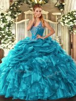 Traditional Teal Straps Neckline Beading and Ruffles and Pick Ups 15th Birthday Dress Sleeveless Lace Up