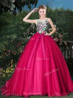 High Class Hot Pink Vestidos de Quinceanera Military Ball and Sweet 16 and Quinceanera with Appliques and Belt Scoop Sleeveless Brush Train Zipper