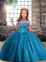 Custom Design High-neck Sleeveless Pageant Gowns For Girls Floor Length Beading Blue Tulle(SKU PAG1230-8BIZ)