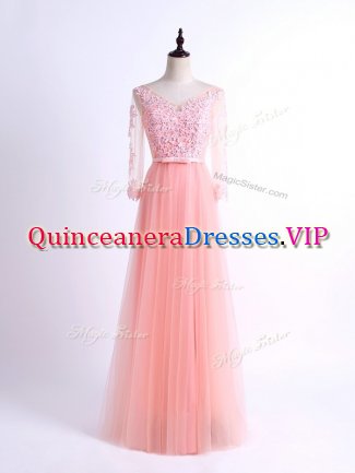 Pink Empire Tulle V-neck Half Sleeves Lace Floor Length Lace Up Quinceanera Dama Dress