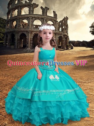 Dazzling Floor Length Ball Gowns Sleeveless Aqua Blue Kids Pageant Dress Zipper