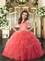 Ball Gowns Little Girl Pageant Gowns Coral Red Straps Tulle Sleeveless Floor Length Lace Up