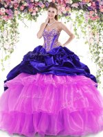 Multi-color Organza and Taffeta Lace Up Quince Ball Gowns Sleeveless With Brush Train Beading and Ruffled Layers and Pick Ups(SKU SJQDDT834002-1BIZ)