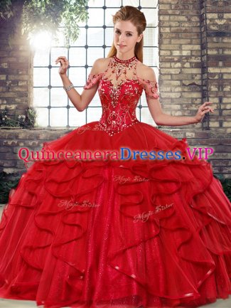 Popular Red Ball Gowns Halter Top Sleeveless Tulle Floor Length Lace Up Beading and Ruffles Sweet 16 Quinceanera Dress