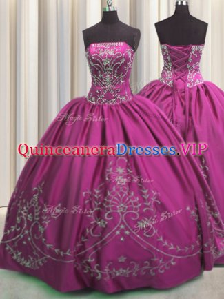 Luxury Fuchsia Sweet 16 Dresses Military Ball and Sweet 16 and Quinceanera with Beading and Embroidery Strapless Sleeveless Lace Up