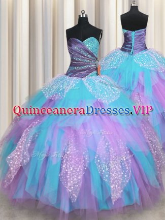 Dramatic Multi-color Ball Gowns Tulle Sweetheart Sleeveless Beading and Ruching Floor Length Lace Up Quince Ball Gowns