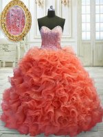 Dramatic Coral Red Lace Up Sweetheart Beading and Ruffles Vestidos de Quinceanera Organza Sleeveless Sweep Train