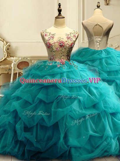 Ball Gowns Quinceanera Gown Teal Scoop Organza Sleeveless Floor Length Lace Up - Click Image to Close