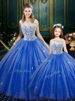Hot Sale Royal Blue Quinceanera Dress Military Ball and Sweet 16 and Quinceanera with Lace High-neck Sleeveless Zipper