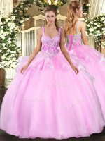 Pink Lace Up Quinceanera Gowns Beading Sleeveless Floor Length