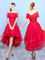 Half Sleeves High Low Appliques Lace Up Dama Dress for Quinceanera with Wine Red