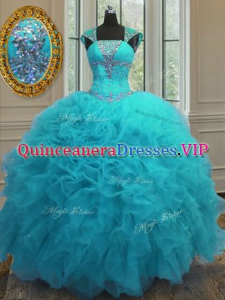 Aqua Blue Organza Lace Up Straps Cap Sleeves Floor Length Sweet 16 Quinceanera Dress Beading and Ruffles and Sequins