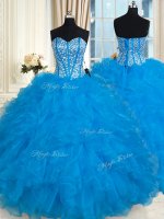 Suitable Organza Sweetheart Sleeveless Lace Up Beading and Ruffles Vestidos de Quinceanera in Baby Blue