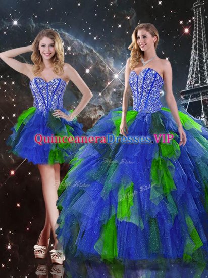 Exceptional Floor Length Multi-color Ball Gown Prom Dress Tulle Sleeveless Beading and Ruffles - Click Image to Close