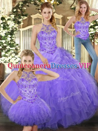 Halter Top Sleeveless 15 Quinceanera Dress Floor Length Beading and Ruffles Lavender Tulle