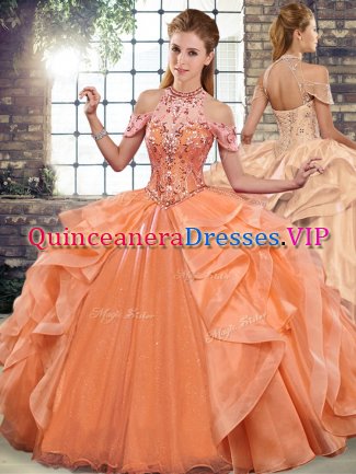 Floor Length Orange Quinceanera Dresses Halter Top Sleeveless Lace Up