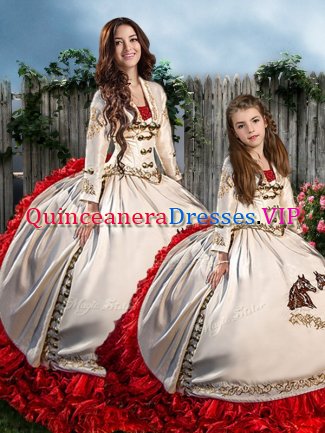White And Red Organza and Taffeta Lace Up Sweetheart Long Sleeves Quinceanera Dresses Brush Train Embroidery and Ruffles
