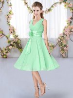 Classical V-neck Sleeveless Quinceanera Dama Dress Knee Length Hand Made Flower Apple Green Chiffon