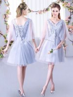 Grey Lace Up Vestidos de Damas Lace Sleeveless Mini Length(SKU BMT0437ABIZ)