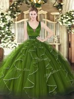 Top Selling Olive Green Straps Neckline Beading and Ruffles Quince Ball Gowns Sleeveless Lace Up