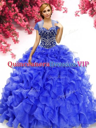 Deluxe Royal Blue Quinceanera Dress Military Ball and Sweet 16 and Quinceanera with Beading and Ruffles Sweetheart Sleeveless Lace Up