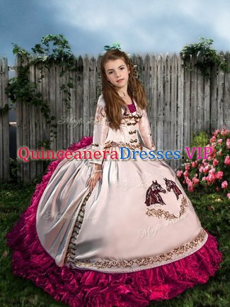Embroidery and Ruffles Pageant Dress for Teens White Lace Up Sleeveless Sweep Train