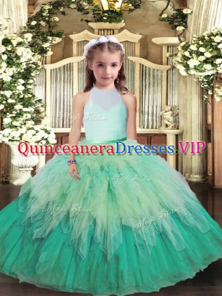 Tulle High-neck Sleeveless Backless Ruffles Kids Pageant Dress in Multi-color