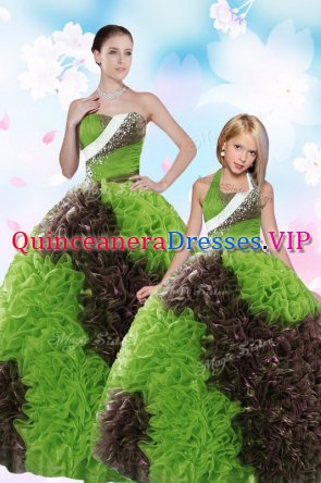 Glittering Sequins Green Sleeveless Fabric With Rolling Flowers Lace Up Quinceanera Dress for Military Ball and Sweet 16 and Quinceanera