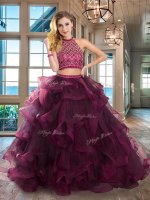 Customized Brush Train Two Pieces Quinceanera Gowns Dark Purple Halter Top Tulle Sleeveless Backless(SKU SXQD028-2BIZ)