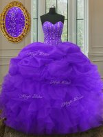Purple Ball Gowns Organza Sweetheart Sleeveless Beading and Ruffles and Pick Ups Floor Length Lace Up Ball Gown Prom Dress
