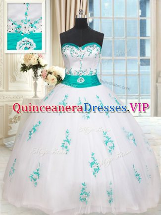Fitting White Sweetheart Lace Up Beading and Appliques Sweet 16 Quinceanera Dress Sleeveless