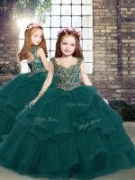 Affordable Peacock Green Ball Gowns Tulle Straps Sleeveless Beading and Ruffles Floor Length Lace Up Little Girls Pageant Dress Wholesale