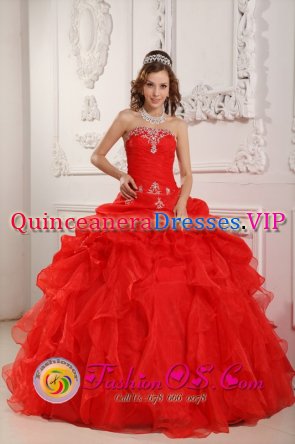 Custom Made Strapless Red Appliques and Ruched Bodice Ruffles Organza Quinceanera Dress In Winterset Iowa/IA
