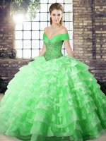 Green Sleeveless Brush Train Beading and Ruffled Layers Quince Ball Gowns