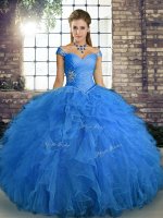 Edgy Sleeveless Floor Length Beading and Ruffles Lace Up Sweet 16 Dress with Blue