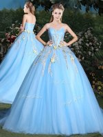 Modest Light Blue Sleeveless Appliques Lace Up Quinceanera Dresses