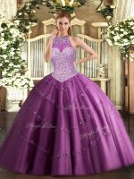 Fuchsia Ball Gown Prom Dress Military Ball and Sweet 16 and Quinceanera with Beading and Appliques Halter Top Sleeveless Lace Up