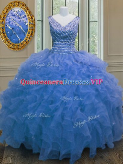 Floor Length Blue Sweet 16 Dress V-neck Sleeveless Zipper - Click Image to Close