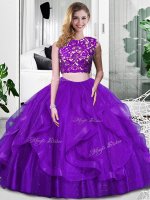 Floor Length Purple Quinceanera Gowns Tulle Sleeveless Lace and Ruffles