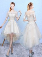 Decent White Lace Up Quinceanera Court Dresses Appliques Sleeveless High Low