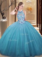 Cheap Blue Ball Gowns Lace and Appliques Sweet 16 Dresses Lace Up Tulle Sleeveless Floor Length